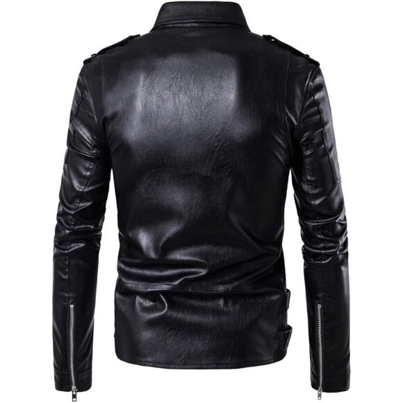 Men Black PU Leather Belted Motorcycle Jacket Zipper Biker Coat - Picture 4 of 6